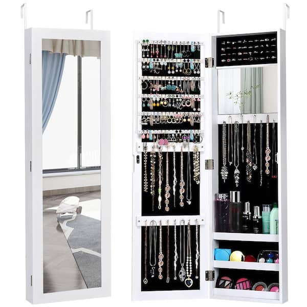 Costway Rectangular White Wood Mirrored Jewelry Cabinet Armoire Storage Organizer