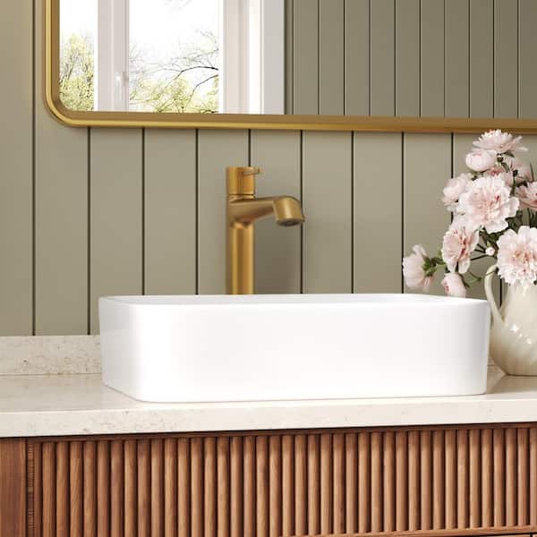 12.8 in. H Mid-Arc Single Handle Single Hole Vessel Sink Faucet with Pop-Up Drain, Lustrous PVD in Brushed Gold