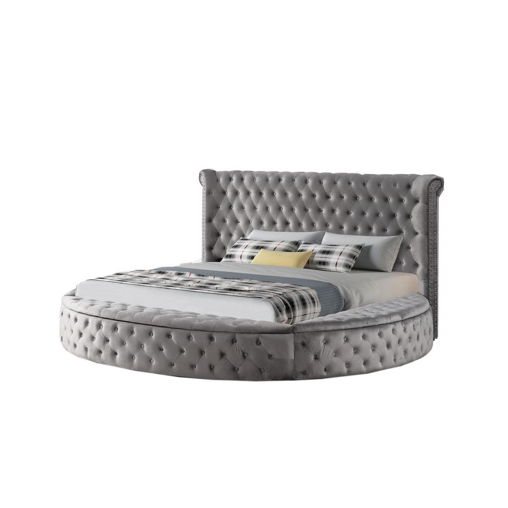 Gray Velvet Tufted Queen Bed with Storage and Nailhead Trim