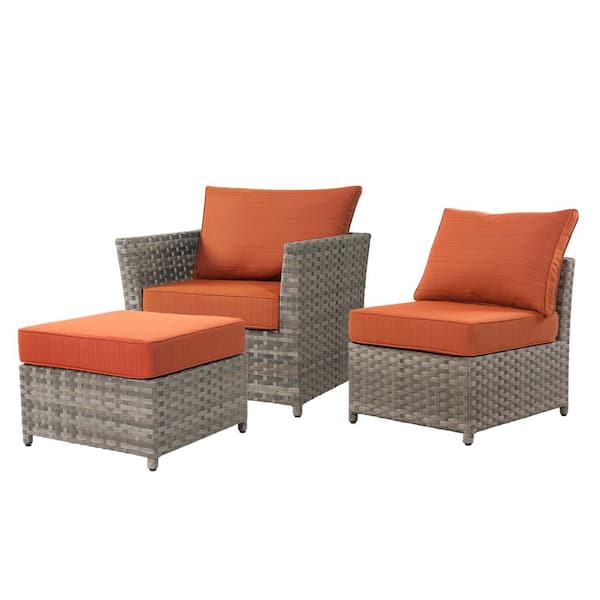 Cinnamon 3 Pieces Wicker Patio Conversation Seating Sofa Set with Orange Red Cushions