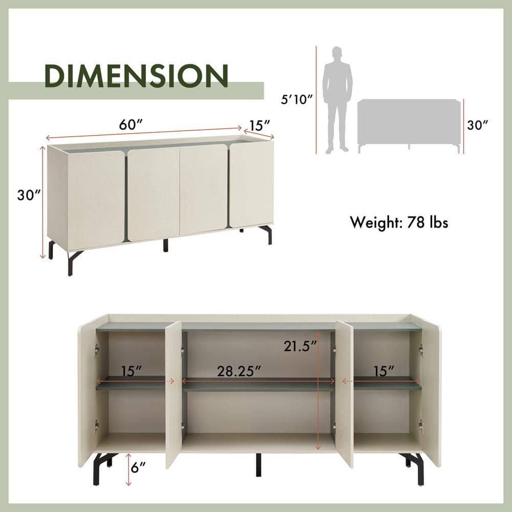 Chandra 60" Cream Weave Composite Buffet Sideboard with Adjustable Shelves