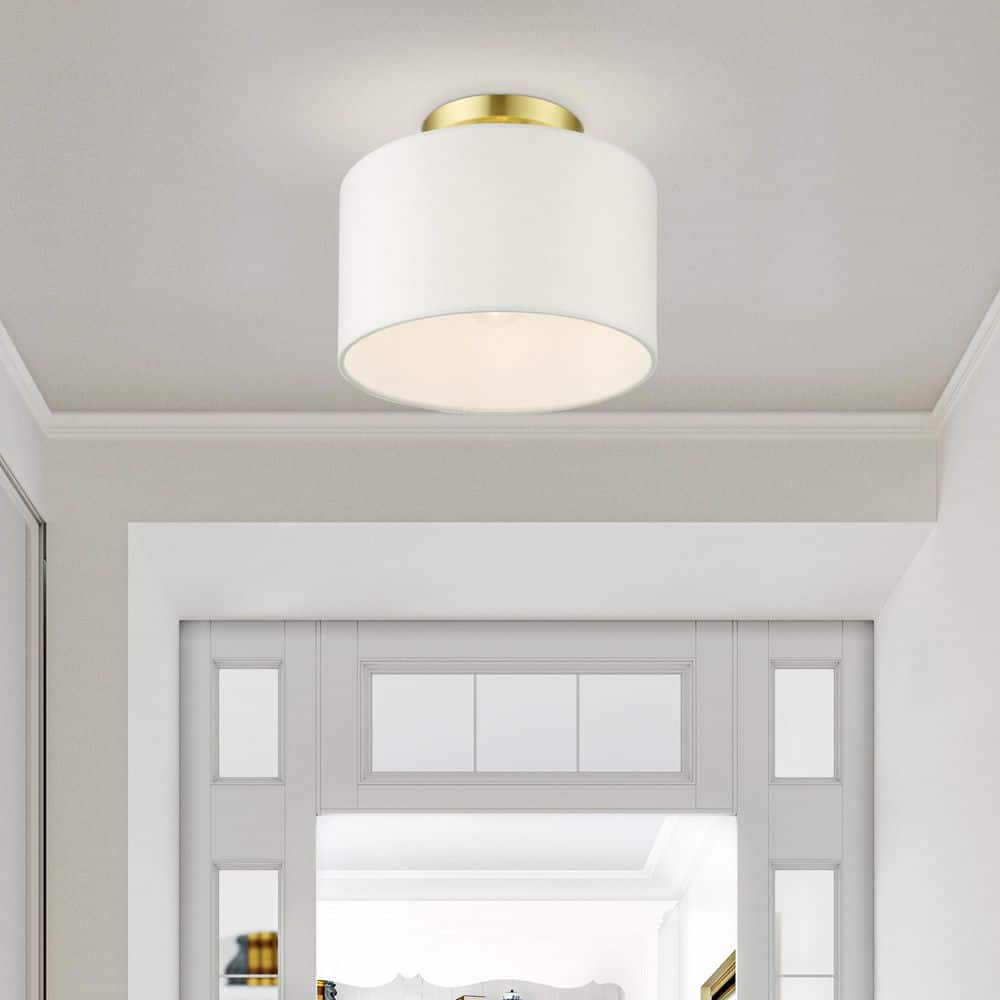 Satin Brass Glass Drum Indoor/Outdoor Semi-Flush Mount Light