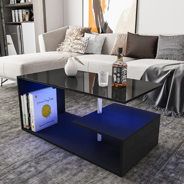 39.4 in. Black Rectangle Particle Board Coffee Table with APP Controlled RGB LED Light and 2-Open Shelves