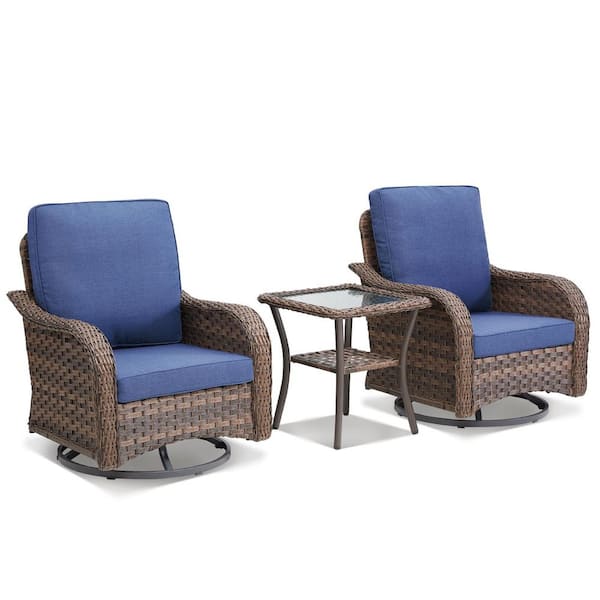 3-Piece Patio Wicker Outdoor Rocking Chair with 360° Arbitrary Rotation, Equipped with a table and Blue Cushions