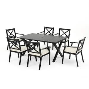 Black 7-Piece Aluminum Rectangular Outdoor Dining Set with Ivory Cushion