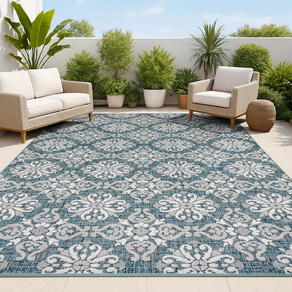 JONATHAN Y Amora Traditional Mediterranean Tile Design Turquoise/Cream 8 ft. x 10 ft. Indoor/Outdoor Area Rug