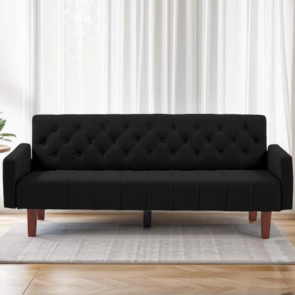 WONDER COMFORT 74.41 in. Black Linen Twin Size Futon Sofa Bed Convertible LoveseatCouch with Adjustable Backrest