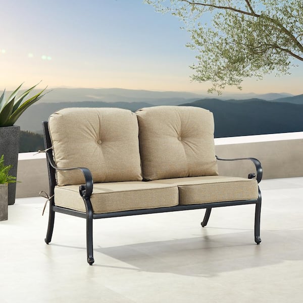 Black 1-Piece Aluminum Outdoor Loveseat with Tan Cushion