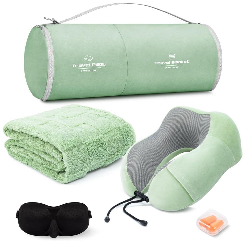 Numhew Memory Foam Travel Pillow and Blanket Set, Green, Portable