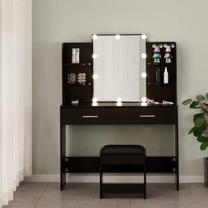 42.5 in. W x 16.1 in. D x 56.3 in. H Black Linen Cabinet with Drawers, 10 Bulbs and Cushioned Stool