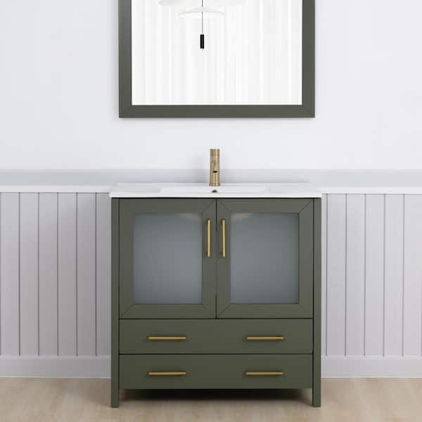 36 in. W x 18 in. D x 36 in. H Vintage Green Bath Vanity with White Ceramic Top and Mirror