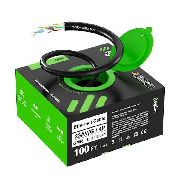 100 ft. Black CMR CAT6E 600 MHz 23 AWG Solid Bare Copper Ethernet Network Data Cable-Bulk No Ends Heat Resistant