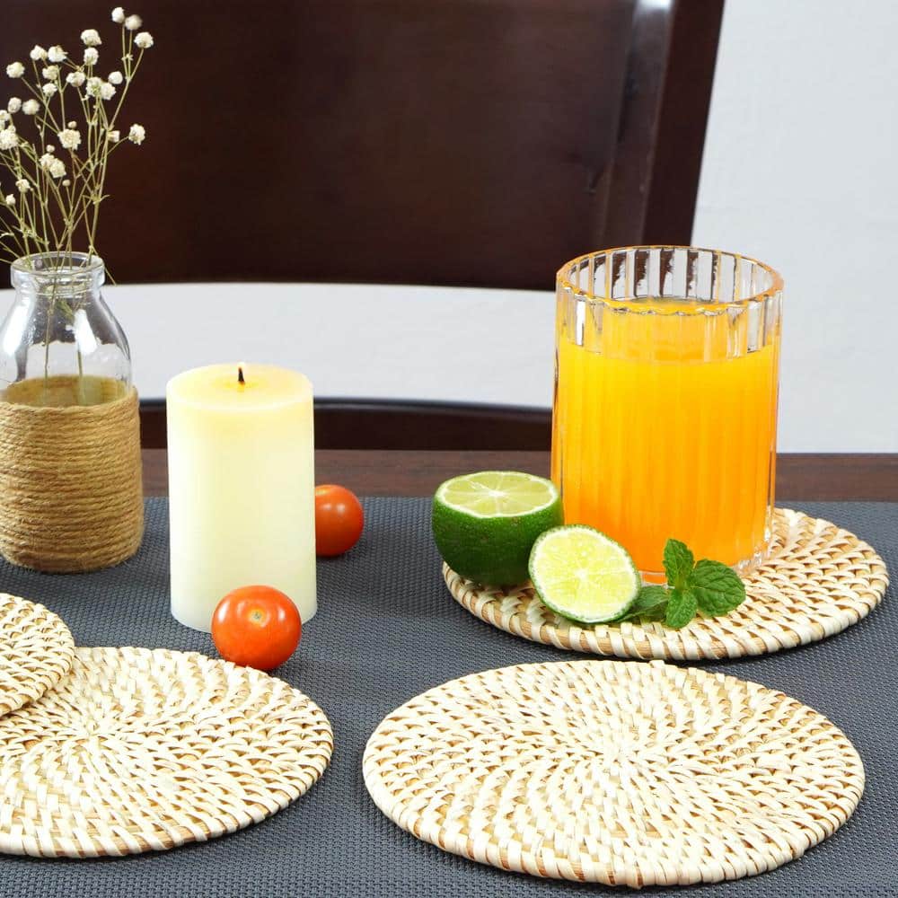 Set of 4 Natural Woven Rattan Round Placemats