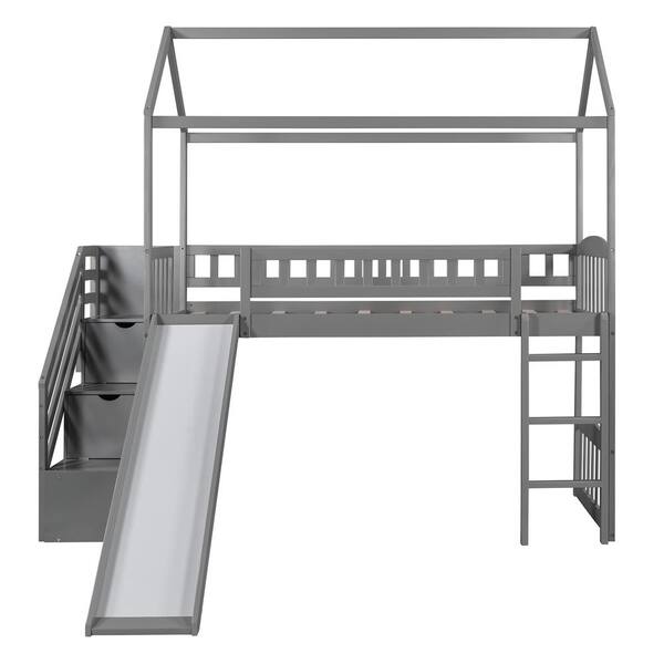 Qualler Gray Twin Size Loft Bed House Bed with 2-Drawers and Slide ...