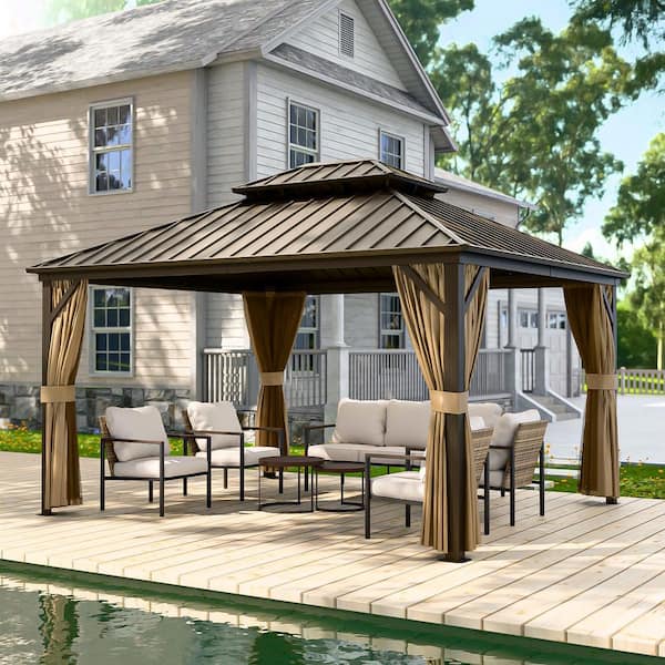 14 ft. W x 12 ft. D Galvanized Steel Roof Aluminum Hardtop Gazebo with Curtain and Netting