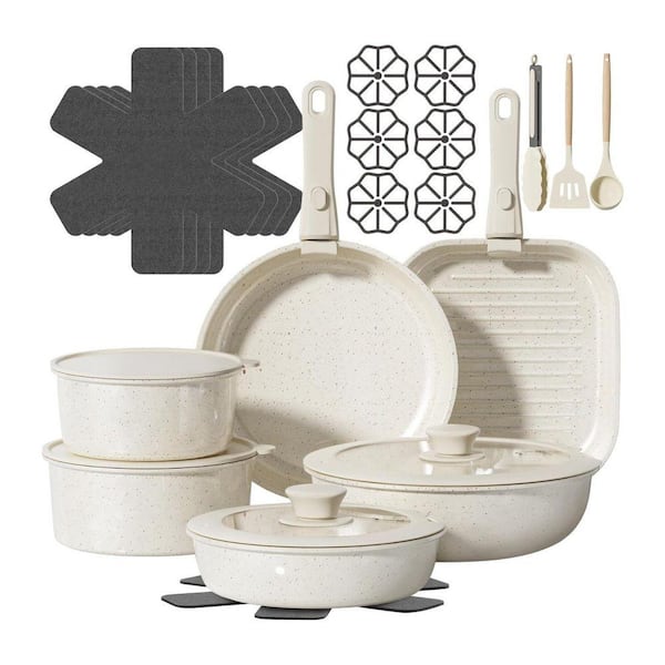 26-Piece Nonstick Ceramic Cookware Set Induction Dishwasher Oven Safe PFAS PFOA PTFE Free Cream White