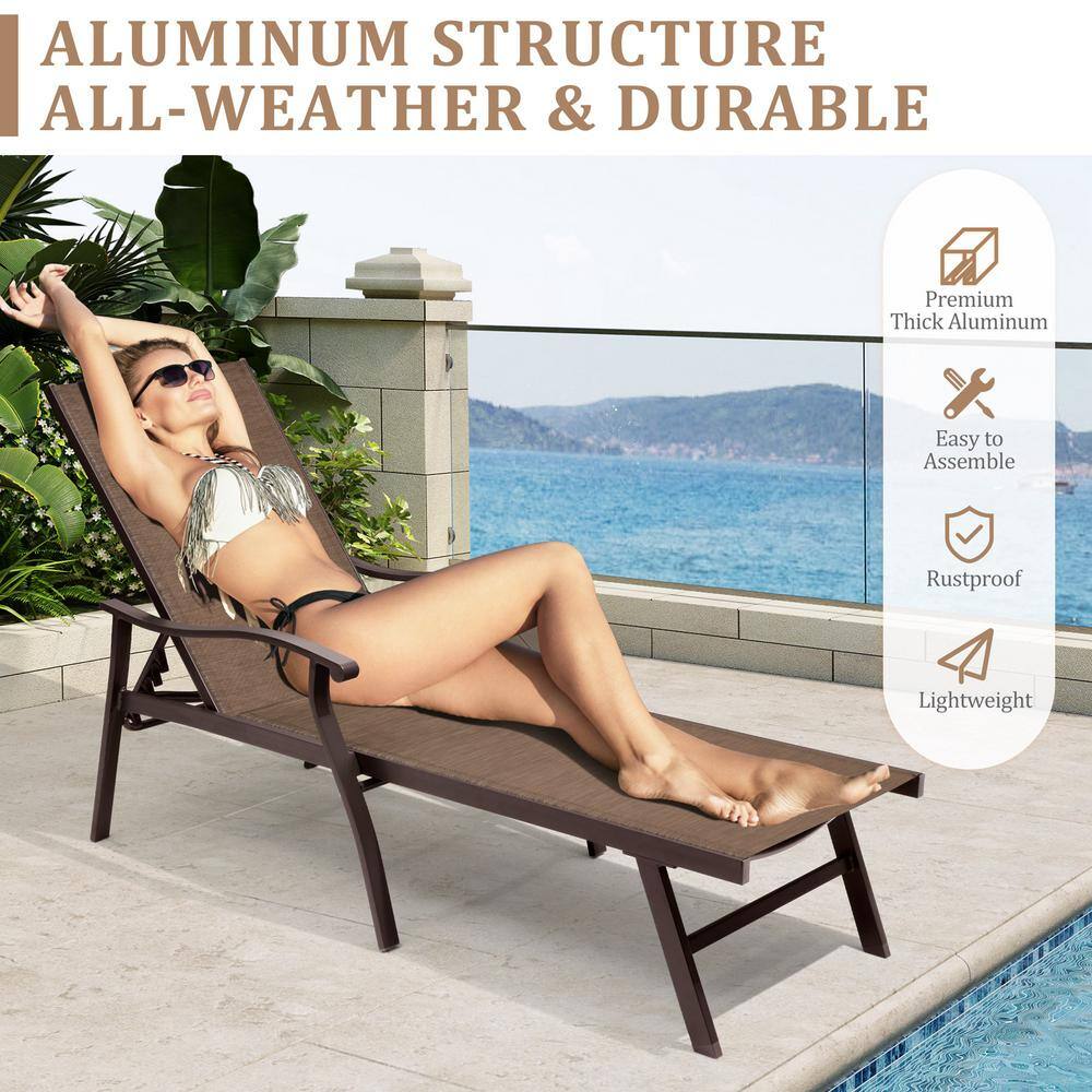 Elegant Brown Aluminum Adjustable Outdoor Chaise Lounge with Curved Armrests