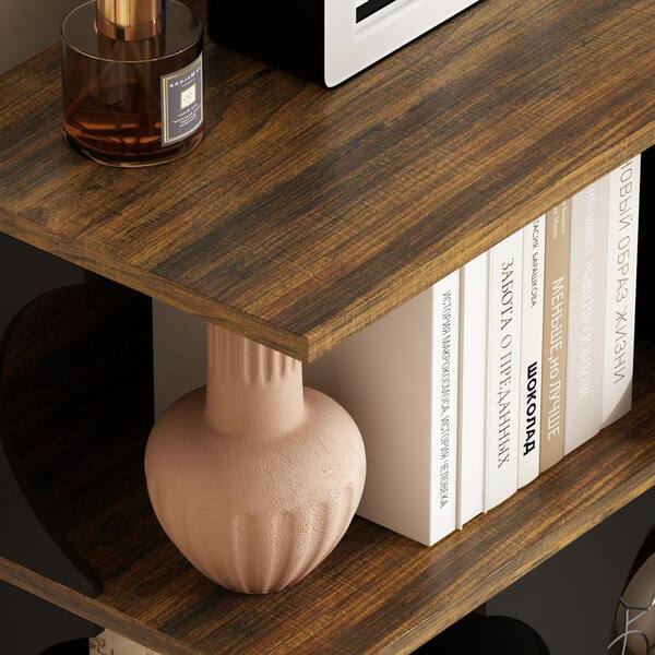 FUFU&GAGA 60 in. Tall Black and Walnut Wood 4-Shelf