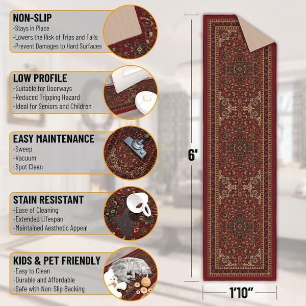 Ottohome Collection Non-Slip Rubberback Medallion Oriental Design 2 x 6 Indoor Runner Rug, 1 ft. 10 in. x 6 ft.,Dark Red