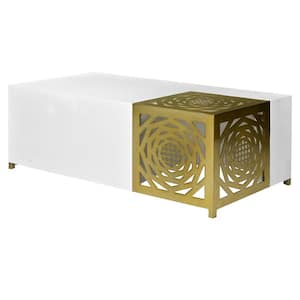 24 in. White and Brass Rectangle Wood Coffee Table with Geometric Cut Out Design