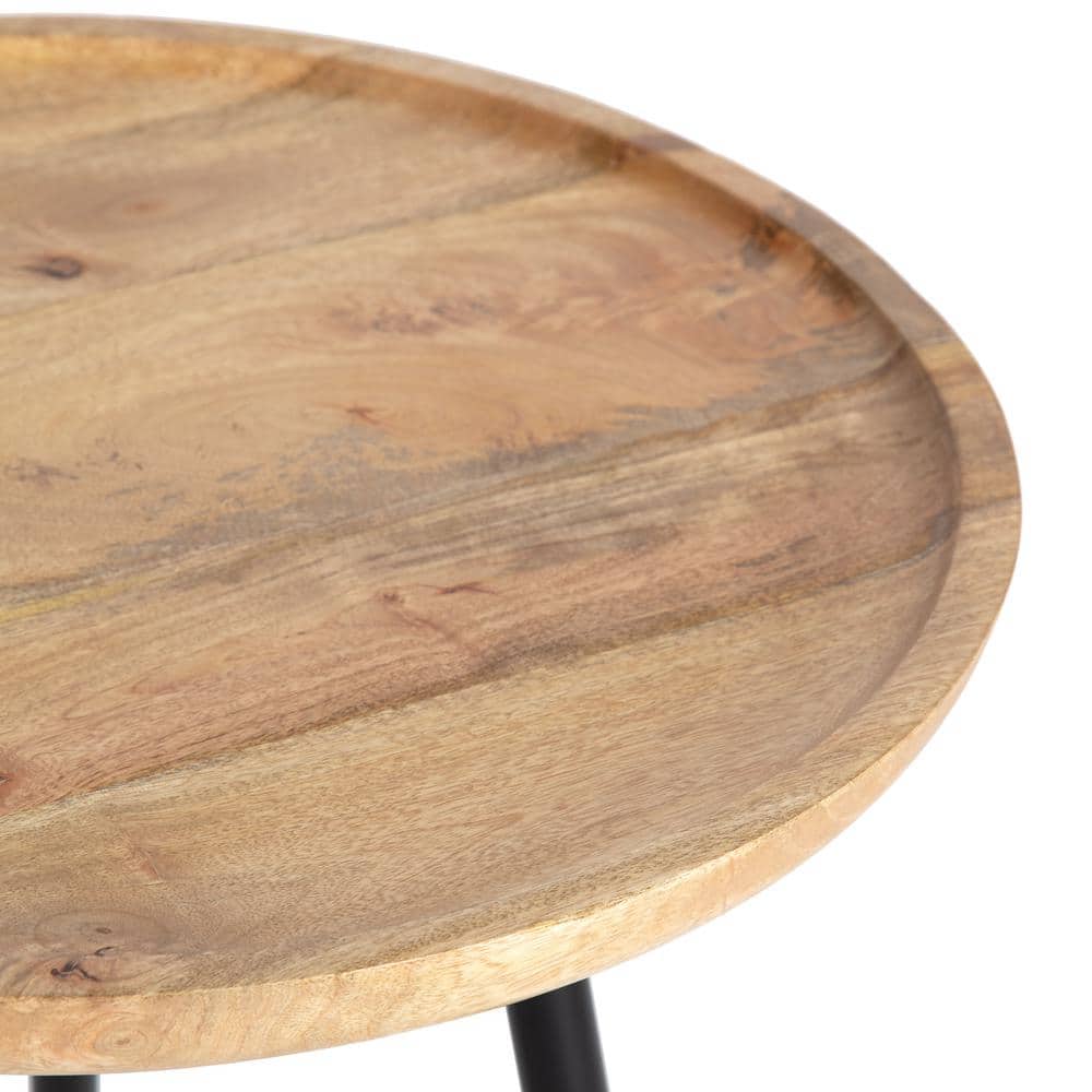 Small Round Black and Natural Wood Metal Side Table