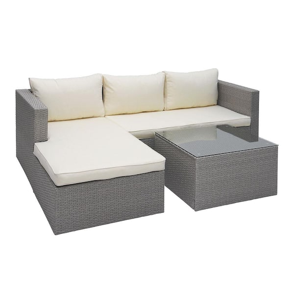 Maypex Gray 3 Piece Wicker Outdoor Sectional Sofa Set with Beige