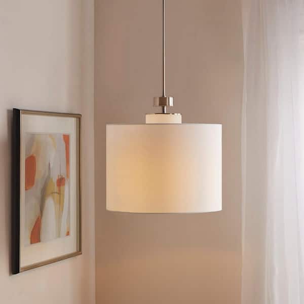 Modern 1-Light Plated Silver Pendant Light with Drum Glass Shade Polyester Shade and No Light Bulb Included