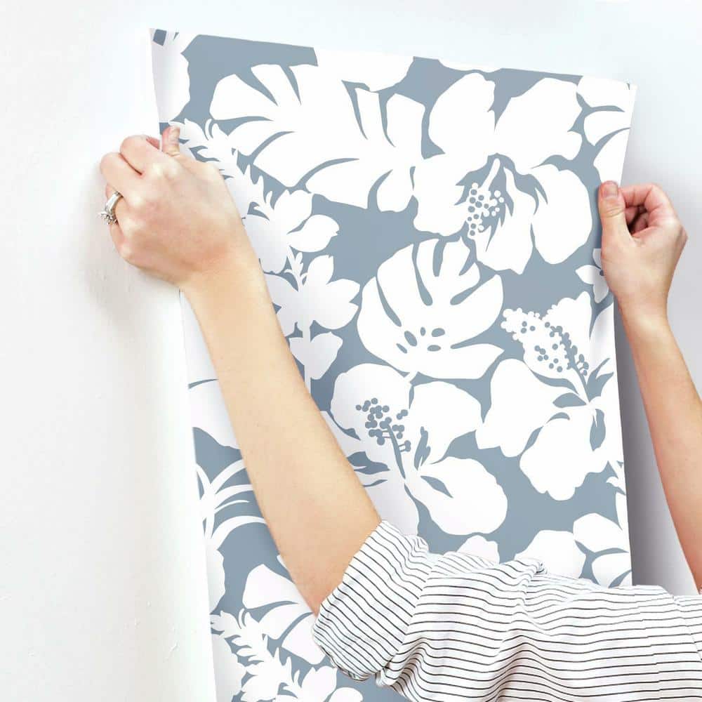 Blue Vinyl-Coated Hibiscus Arboretum Wallpaper