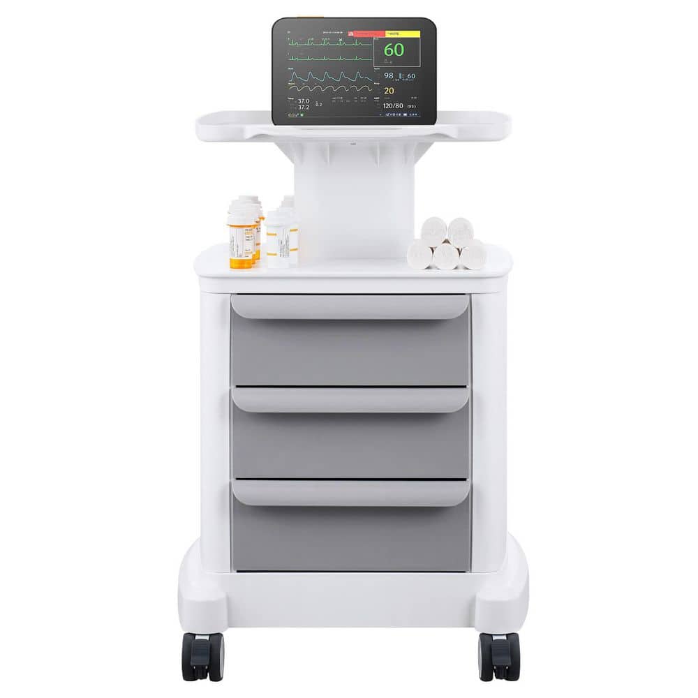 4-Tiers Lab Carts Lab Utility Cart with 3-Drawers and 1-Top Tray, Whiteresin, Kitchen Cart with Wheels, Lab Rolling Cart