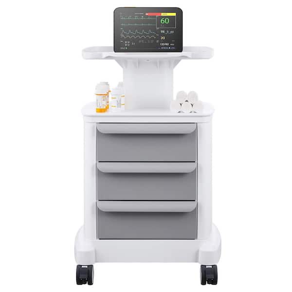 4-Tiers Lab Carts Lab Utility Cart with 3-Drawers and 1-Top Tray, Whiteresin, Kitchen Cart with Wheels, Lab Rolling Cart