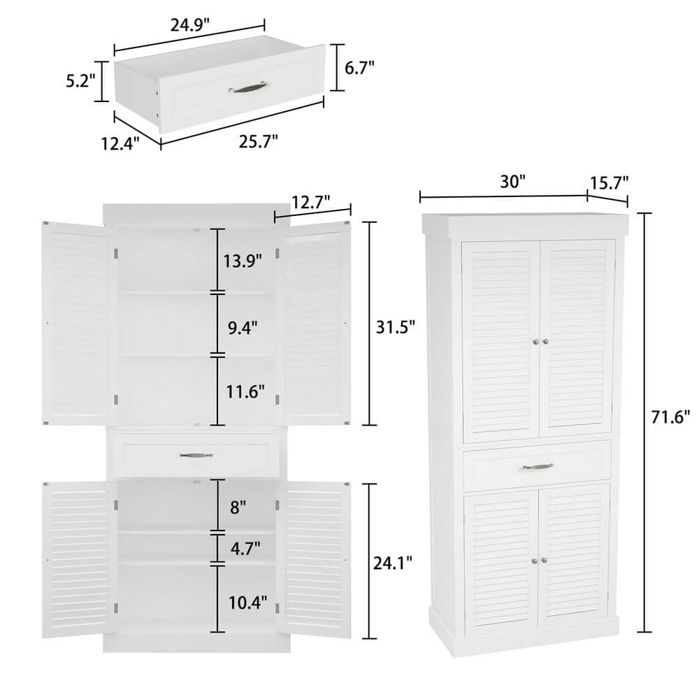 White Gloss 71.6" Tall Kitchen Pantry with Shutter Doors