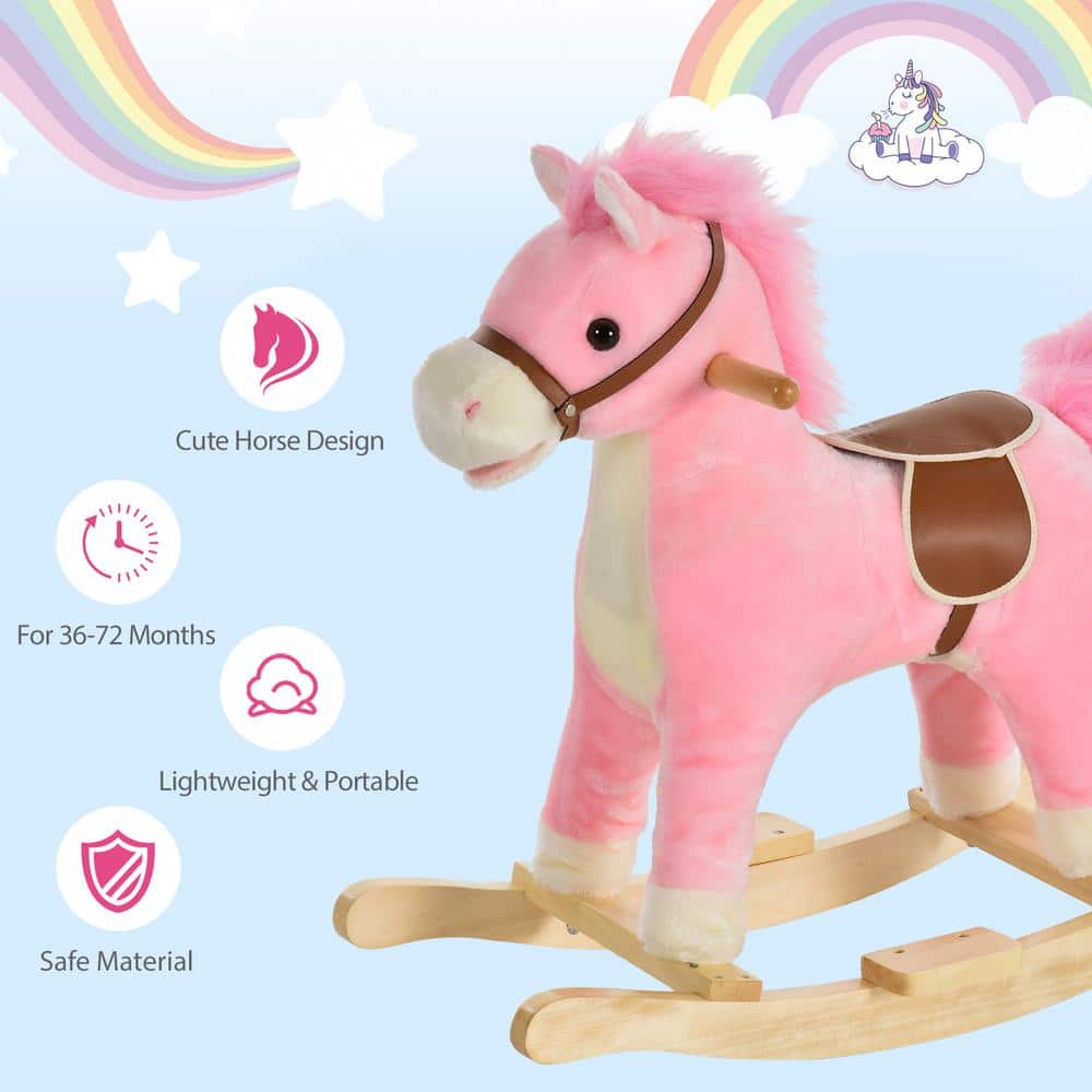 Pink Plush Rocking Horse with Wooden Base and Sounds