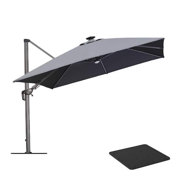 PURPLE LEAF 10 ft. Square Aluminum Cantilever Solar LED Swivel Offset 360°Rotation Umbrella with Base Plate, Gray