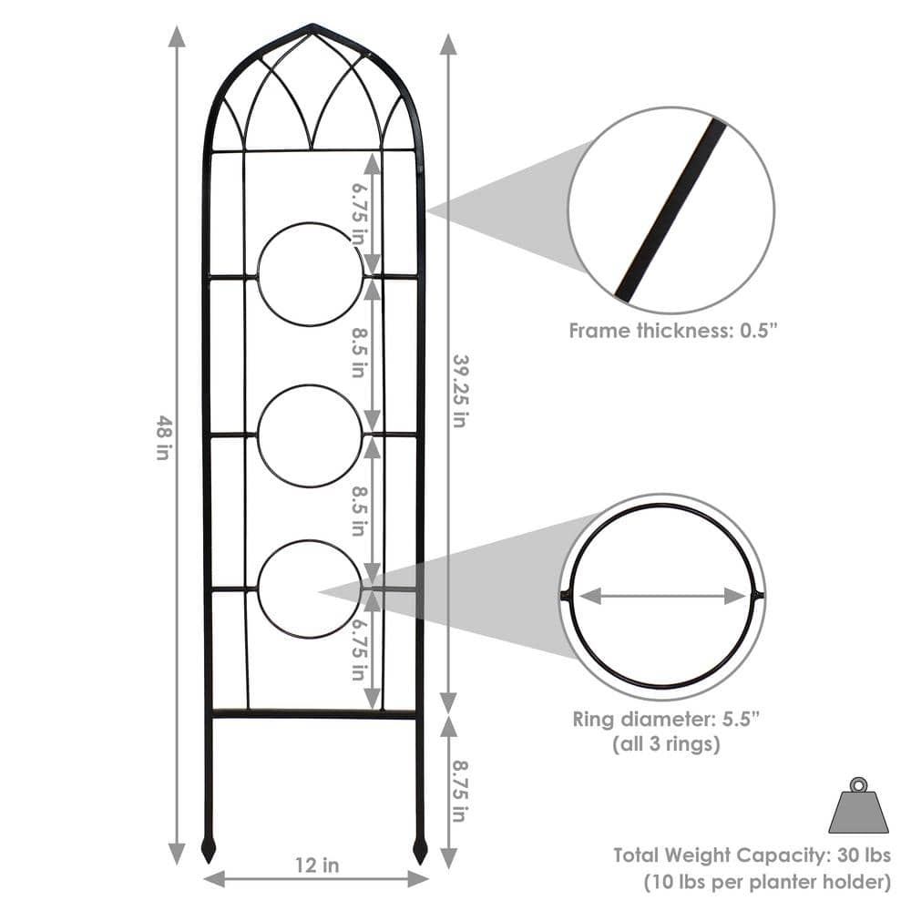 Black Steel Arched Garden Trellis with Flowerpot Supports, Set of 2