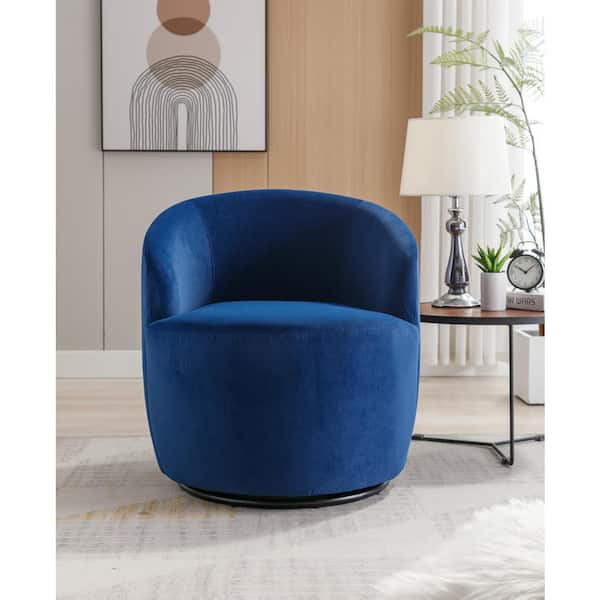 Unbranded Blue Velvet Swivel Accent Armchair with Black Powder Coating Metal Ring