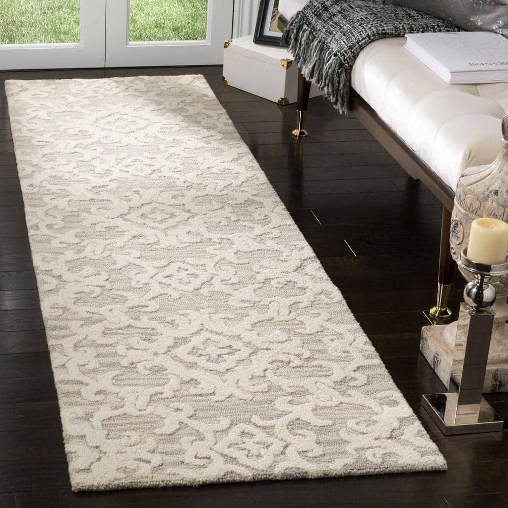 Handmade Grey Floral Tufted Wool Runner Rug 27" x 10"
