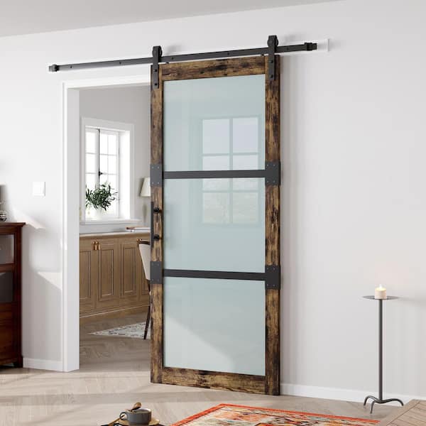 36 in. x 84 in. 3-Panel Frosted Glass Weathered Bronze Finished MDF Core Sliding Barn Door with Hardware Kit
