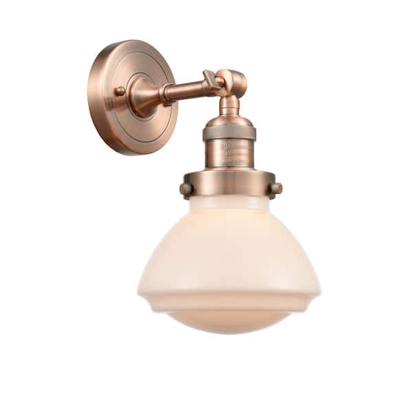 Innovations Olean 1-Light Antique Copper, Matte White Wall Sconce with White Glass Shade