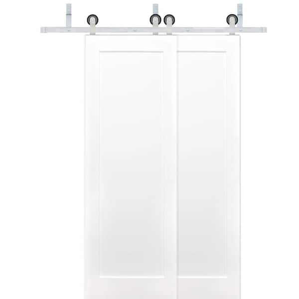 Pacific Entries 48 in. x 80 in. Bypass 1-Panel Solid Core Primed Pine Wood Sliding Barn Door with Satin Nickel Hardware Kit