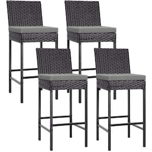 Rattan Wicker Outdoor Bar Stools with Dark Grey Cushions (4-Pack)