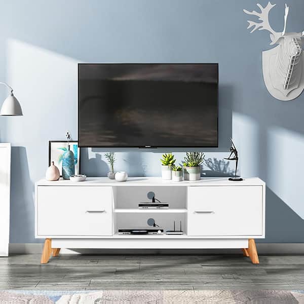 Clihome 55 in. White TV Stand with 2-Storage Cabinets and 2-Open Shelves for 60 in. TV