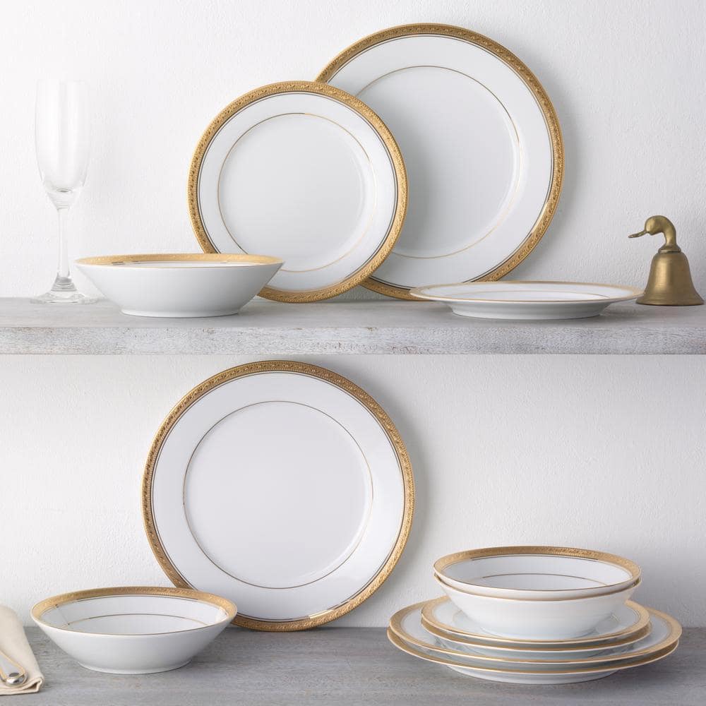 Crestwood Gold 12-Piece Porcelain Dinnerware Set with Gold Trim