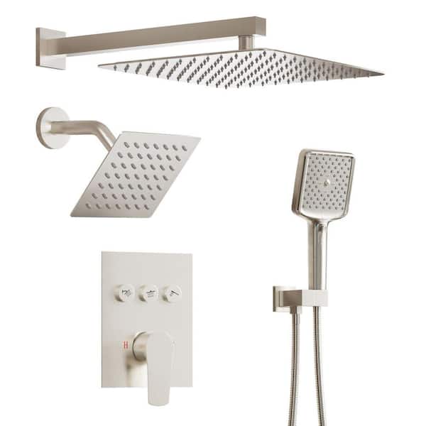 3-Spray Wall Mount Dual Fixed and Handheld Shower Head 1.8 GPM Pressure Balance Shower Faucet Set in Brushed Nickel