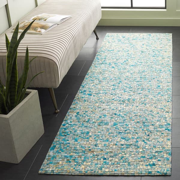 Studio Leather 2 ft. x 7 ft. Turquoise/Gold Geometric Abstract Runner Rug