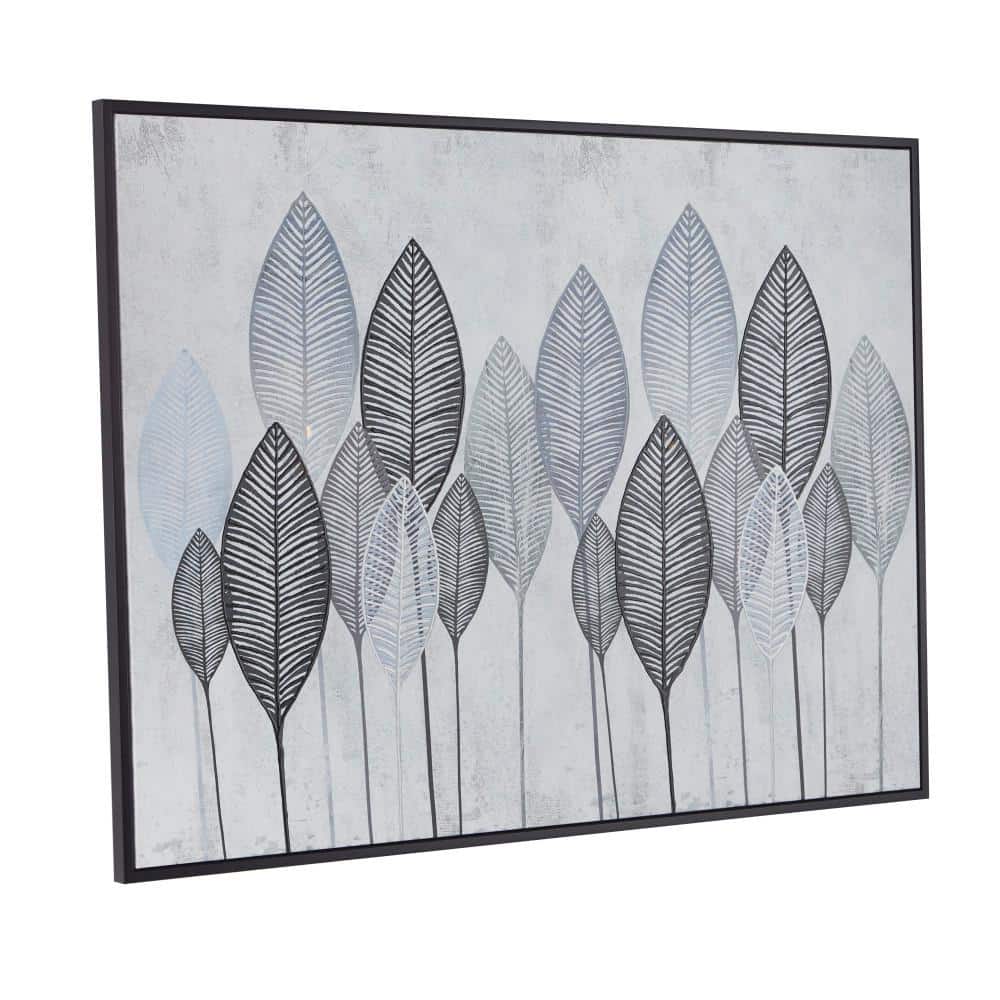 Gray and Black Abstract Leaf Canvas Wall Art with Silver Frame