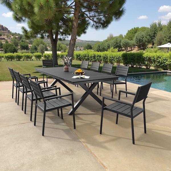 11-Piece Aluminum Outdoor Dining Set Patio Table with Umbrella Hole and Armchairs Set in Black Patio Furniture for 10