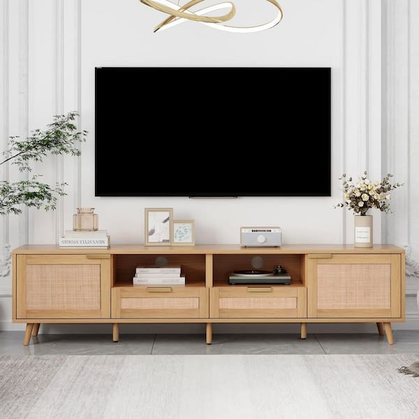 78.74 in. Wood Color TV Stand Fits TVs up to 85 in. Entertainment Center with 2 Cabinets, 2 Drawers and Open Shelving