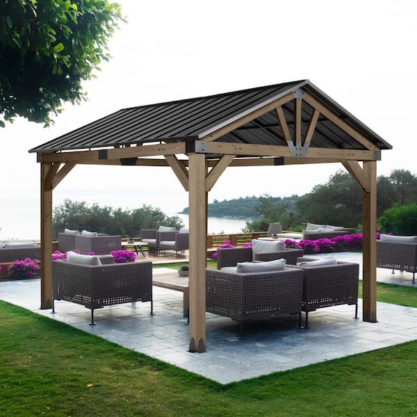 Aoodor 12 ft. x 10 ft. Light Gray Wooden Frame Patio Pavilion Gazebo with Galvanized Metal Hardtop Peak Roof