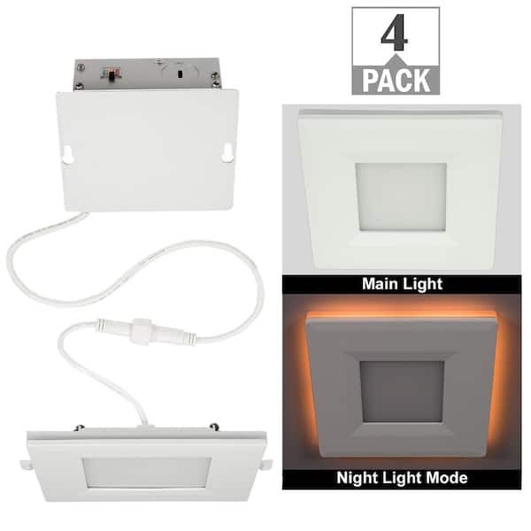 ETI LIGHTING 4 in. Square Canless Adjustable CCT Integrated LED Recessed Light with Night Light Feature & Black Trim Option (4-Pack)
