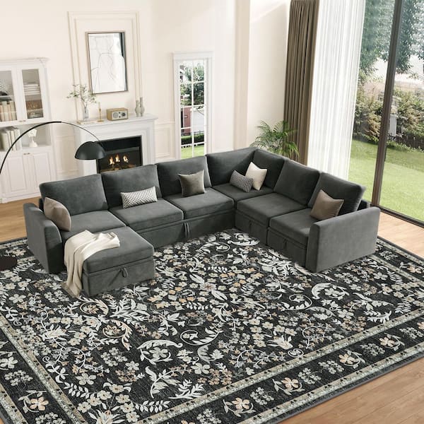 9 X 12 ft. Black Area Rug for Living Room, Washable Floral Soft Rug, Non Slip Low Pile Carpet, for Bedroom, Dining Room